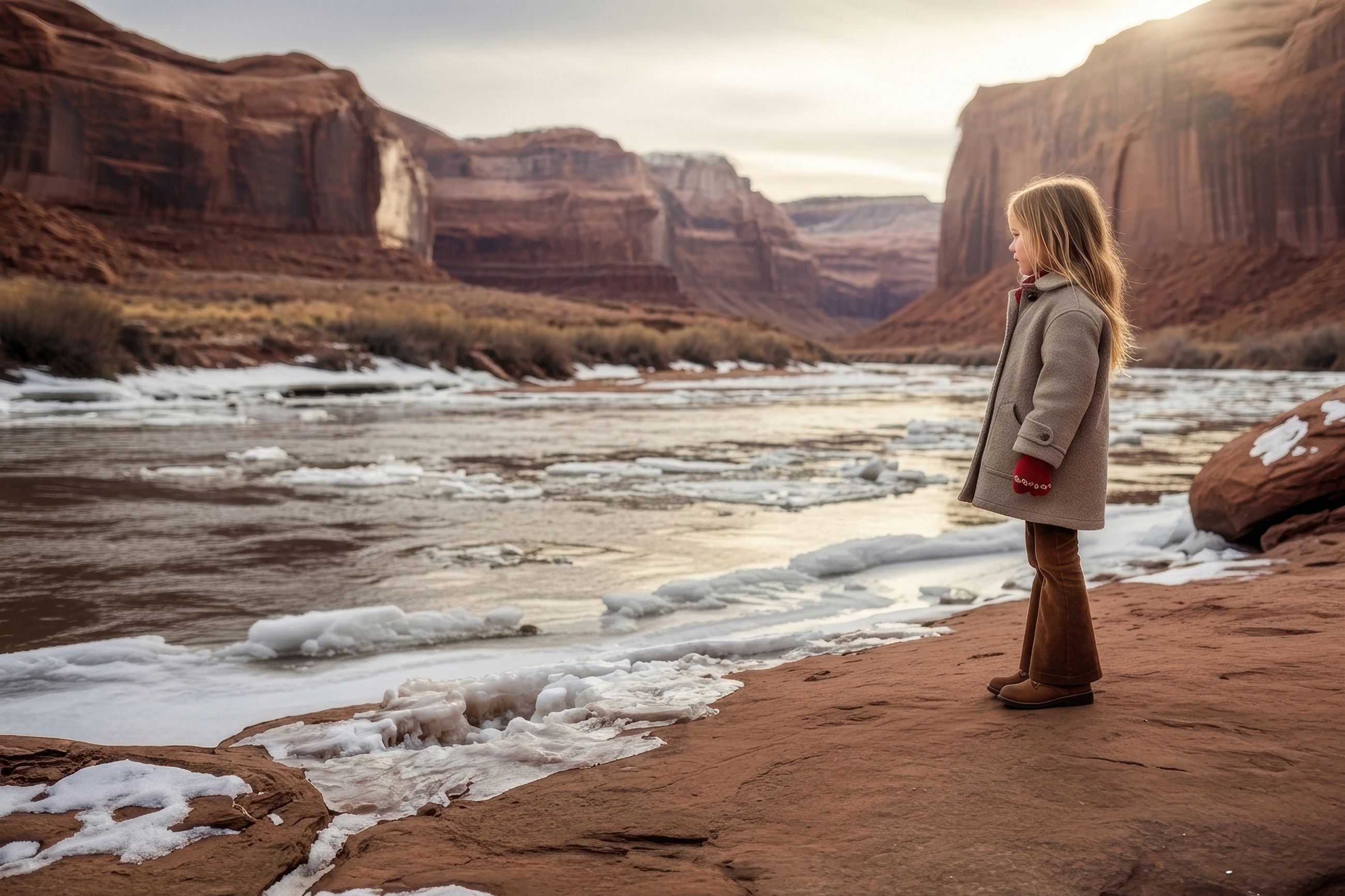 An imagined memory of Melody in a gray coat and red mittens beside the winter Green River, surrounded by red sandstone cliffs.