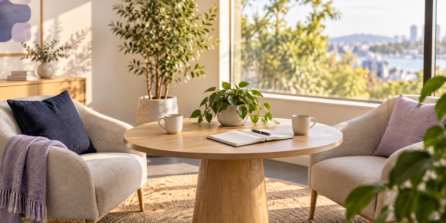 A welcoming, sunlit meeting space with comfortable chairs and an open notebook.
