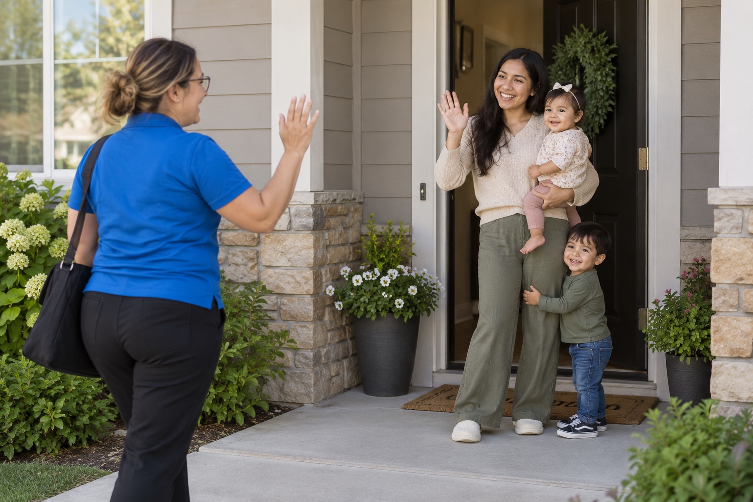 Illustrative scene of a home visitor in a blue polo waving to a mother holding her baby, with a toddler holding her leg at their front door.