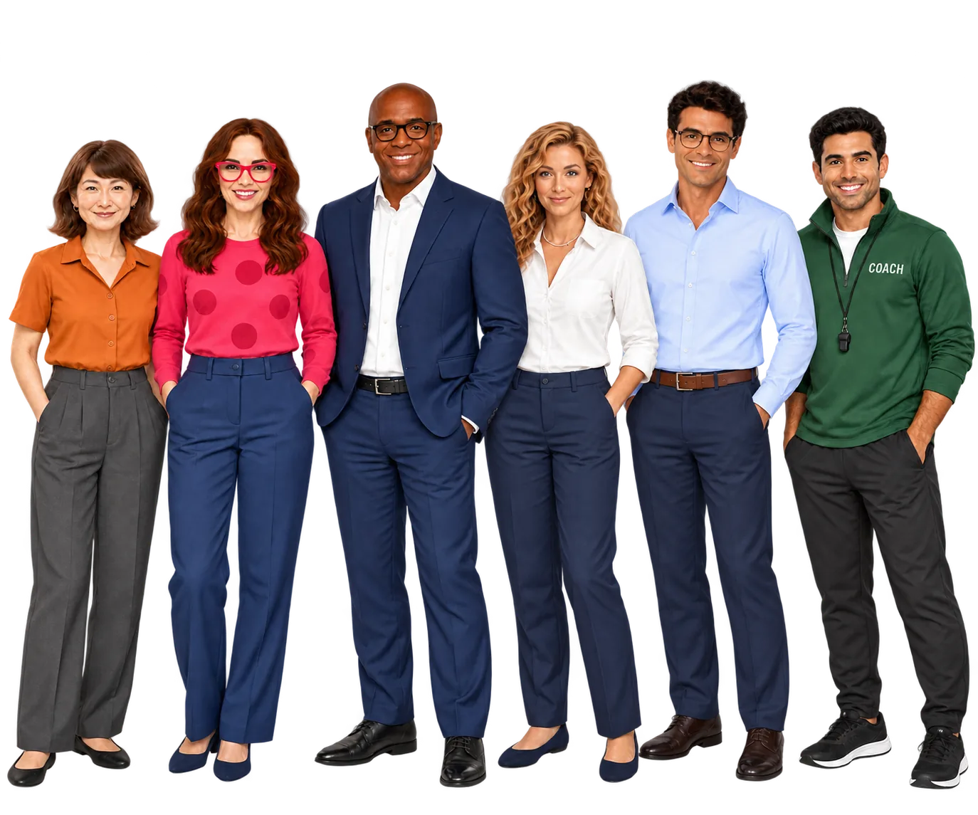 Six Boundary Town presenters shown full length, standing together in a friendly lineup.