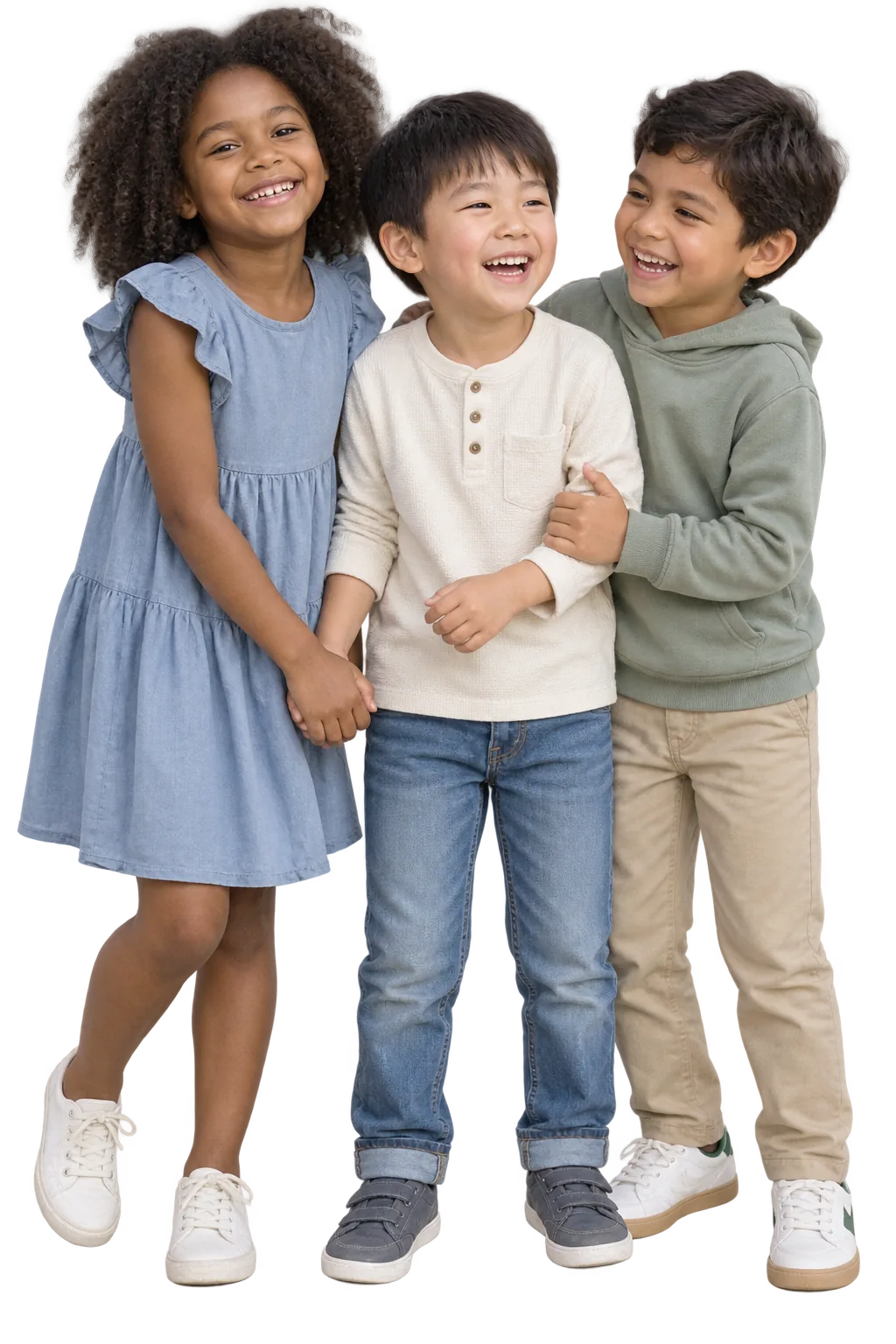 Three children smiling and playing together.