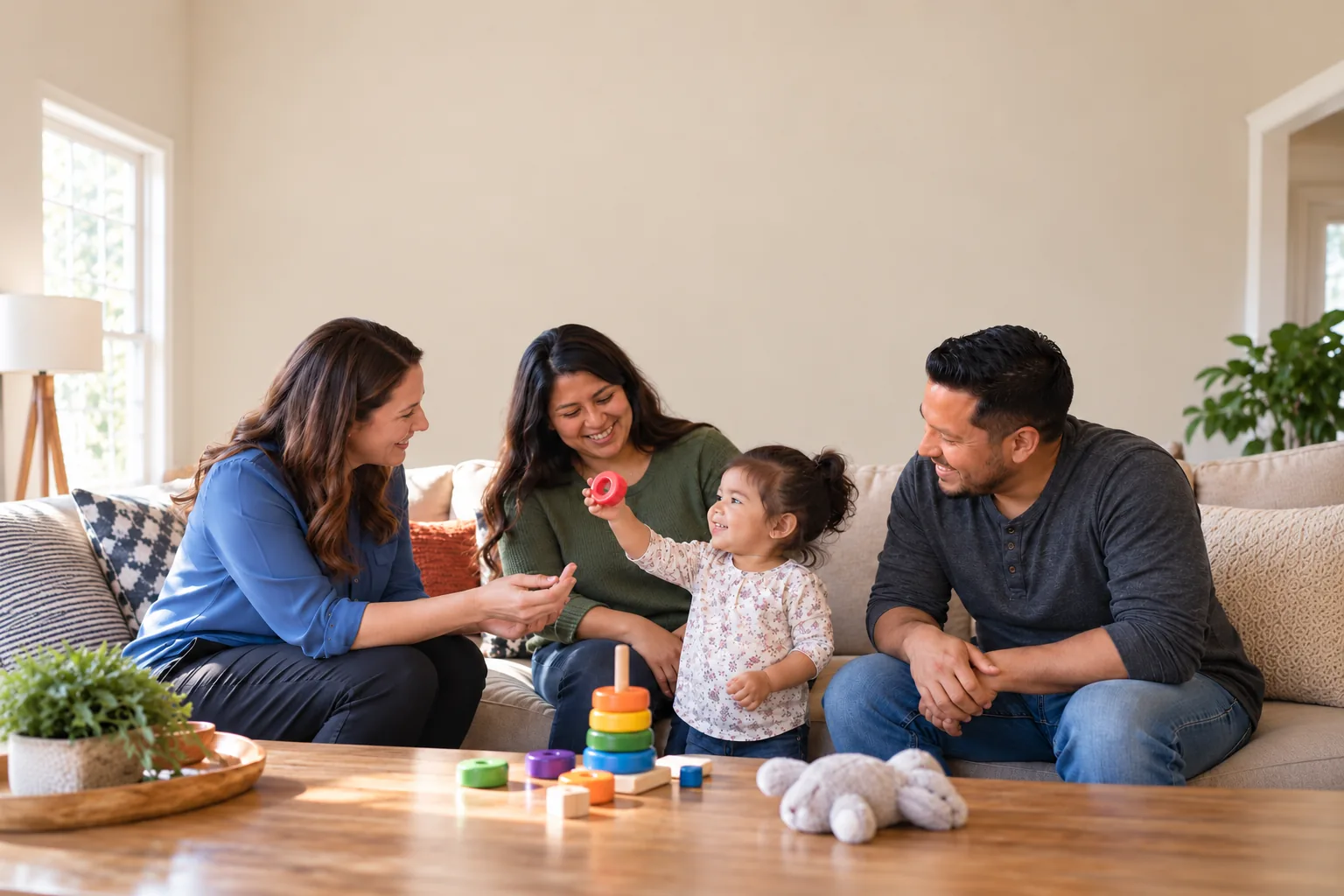 A home visitor and parents enjoy a playful moment with a toddler.