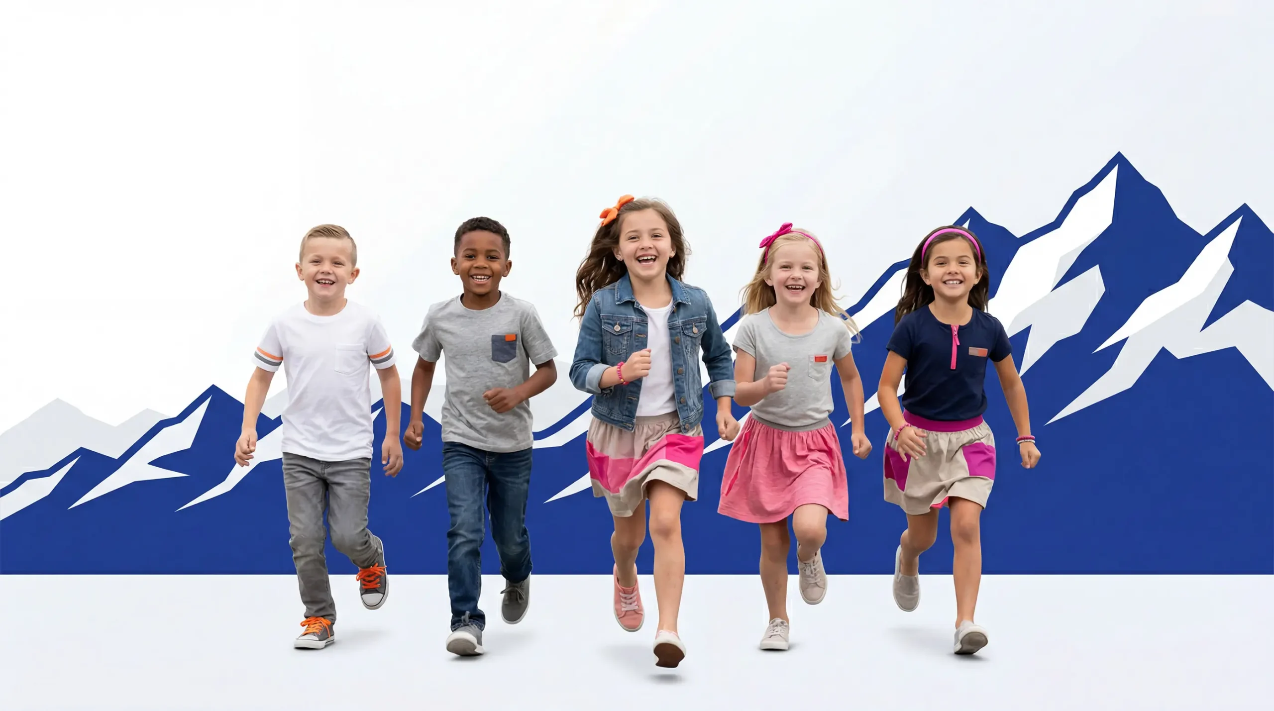 Five smiling children running toward the camera in front of a stylized mountain backdrop